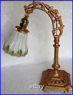 Antique Art Nouveau Bridge Table Lamp withTulip Hand Painted Glass Shade Beautifu