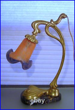 Antique Art Nouveau Bronze Table Desk Lamp with Vianne Shade