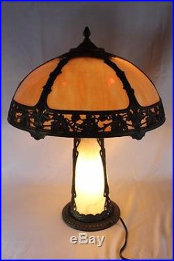 Antique Art Nouveau Caramel Slag Glass 6 Panel Lighted Base Table Lamp