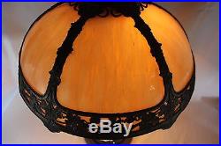 Antique Art Nouveau Caramel Slag Glass 6 Panel Lighted Base Table Lamp