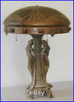 Antique Art Nouveau Figural Lamp With Chunk Glass Jeweled Shade