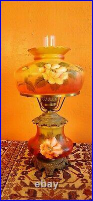 Antique Art Nouveau Floral Hand Painted Gwtw / Parlor Lamp