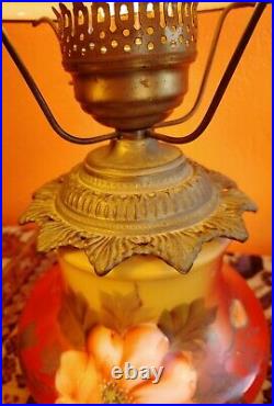 Antique Art Nouveau Floral Hand Painted Gwtw / Parlor Lamp