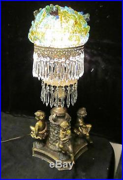 Antique Art Nouveau Gilt Spelter brass cherub lamp Murano glass shade vintage