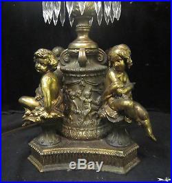 Antique Art Nouveau Gilt Spelter brass cherub lamp Murano glass shade vintage