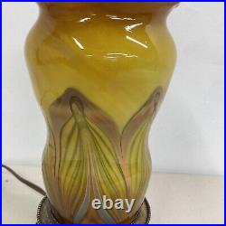 Antique Art Nouveau Glass Gold Pulled Feather Lamp, Brass Base 8 3/4 tall