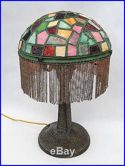 Antique Art Nouveau Hammered Copper Mosaic Stained Glass Lamp Tiffany Style