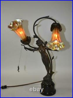 Antique Art Nouveau Nymph Lamp With Art Glass Shades Female Figure Fishing