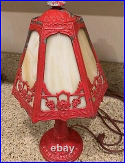 Antique Art Nouveau Ornate Cast Metal Boudoir Lamp With Caramel Slag Glass