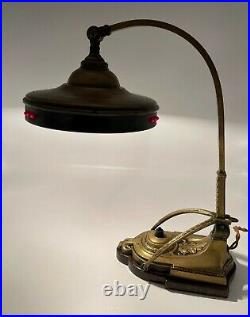 Antique Art Nouveau Piano Lamp Bronze, Marble And Jeweled Glass
