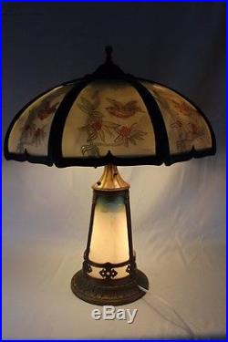 Antique Art Nouveau Reverse Paint Glass 8 Panel Lighted Base Table Lamp