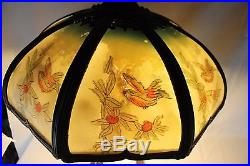 Antique Art Nouveau Reverse Paint Glass 8 Panel Lighted Base Table Lamp