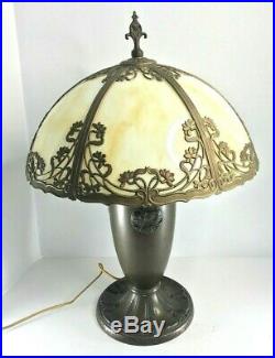 Antique Art Nouveau Signed Curved Slag Glass 6 Panel Shade and Lamp