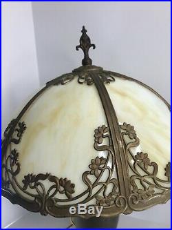 Antique Art Nouveau Signed Curved Slag Glass 6 Panel Shade and Lamp