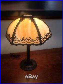 Antique Art Nouveau Slag Glass Six Curved Panel Electric Table Lamp