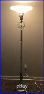 Antique Art Nouveau Torchiere Etched Glass Floor Lamp With Opalescent Shade