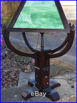 Antique Arts & Craft Mission Oak Slag Glass Table Lamp Jewels, Unique
