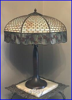Antique Arts & Craft SIGNED HANDEL Slag Glass Table Lamp Shade & Base Signed