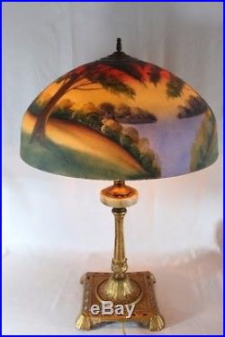 Antique Arts & Crafts Art Nouveau Scenic Reverse Paint Glass Table Lamp