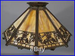Antique Arts & Crafts BRADELY & HUBBARD Brass 8-Panel Slag Glass Table Lamp NR