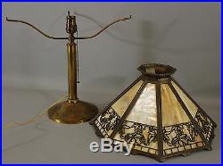 Antique Arts & Crafts BRADELY & HUBBARD Brass 8-Panel Slag Glass Table Lamp NR