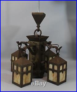 Antique Arts & Crafts Bronzed Cast Iron Slag Glass Gothic Chandelier Lamp, NR