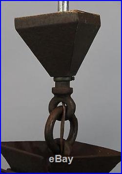 Antique Arts & Crafts Bronzed Cast Iron Slag Glass Gothic Chandelier Lamp, NR