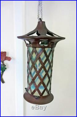 Antique Arts & Crafts Copper Vaseline Opalescent Lamp Glass Shade Lantern Hearts