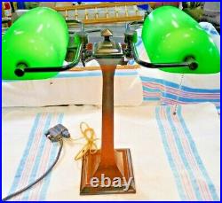 Antique Arts & Crafts Double Banker's Desk Lamp Green Cased Glass Shades #2584