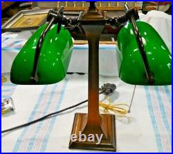 Antique Arts & Crafts Double Banker's Desk Lamp Green Cased Glass Shades #2584