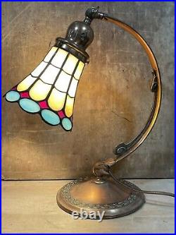 Antique Arts Crafts HANDEL Articulating Piano Lamp with Orig Stained Glass Shade