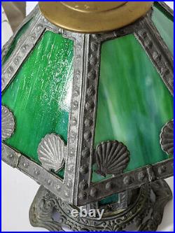 Antique Arts & Crafts Lead & Green Slag Glass Panel Table Lamp Mission