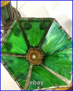 Antique Arts & Crafts Lead & Green Slag Glass Panel Table Lamp Mission