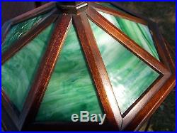 Antique Arts/ Crafts Mahogony 8 Panel Lamp (Green Slag Glass Panels)