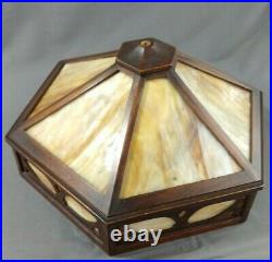 Antique Arts & Crafts Mission Era 6 Panel Caramel Slag Glass Oak Table Lamp