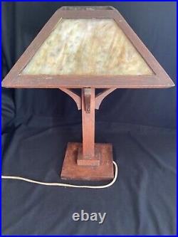 Antique Arts & Crafts Mission Oak Slag Stained Glass Desk Table Lamp 19.5 Tall