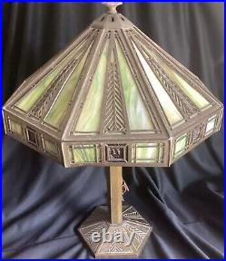Antique Arts & Crafts Prairie School Slag Glass Lamp Signed Bradley & Hubbard