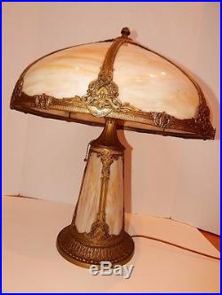 Antique Arts & Crafts Slag Glass Lamp Lighted Base 8 Panel Caramel Swirl Large