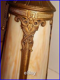 Antique Arts & Crafts Slag Glass Lamp Lighted Base 8 Panel Caramel Swirl Large