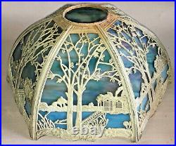 Antique Arts Crafts Slag Glass Ornate Scenic 6 Panel Lamp Shade Oriental Motif