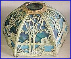 Antique Arts Crafts Slag Glass Ornate Scenic 6 Panel Lamp Shade Oriental Motif