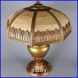 Antique Arts & Crafts Slag Glass Panel Lamp with Filigree Shade, 20th Century