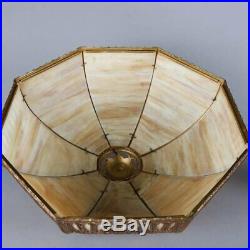 Antique Arts & Crafts Slag Glass Panel Lamp with Filigree Shade, 20th Century