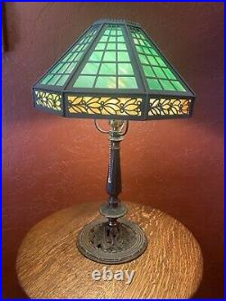Antique Arts & Crafts Slag Stained Glass Shade & Solid Cast Iron Lamp