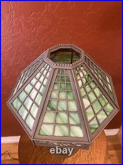Antique Arts & Crafts Slag Stained Glass Shade & Solid Cast Iron Lamp