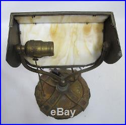 Antique Arts & Crafts Weighted Cast Iron Slag Glass WORKING Desk/Table Lamp yqz