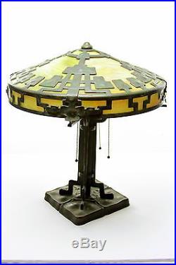 Antique Arts and Crafts Bronze Table Lamp with green slag glass Panels Mission