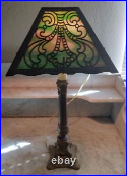 Antique Arts and Crafts Table Lamp Square Variegated Green Slag Glass Shade
