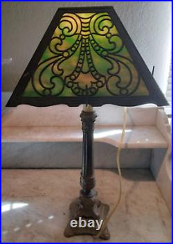 Antique Arts and Crafts Table Lamp Square Variegated Green Slag Glass Shade