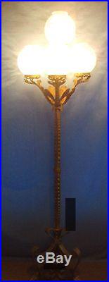 Antique Arts and Crafts Wrought Iron 4 Arm Floor Lamp with Etched Glass Shades